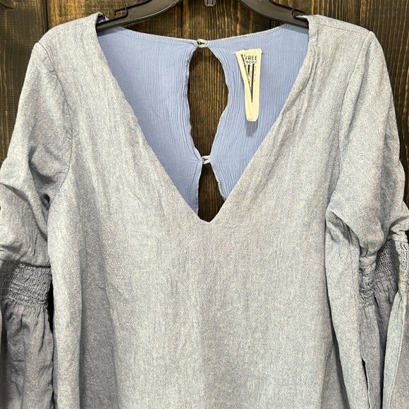 Free People Chambray Mini Dress Romper L Blue Mist Denim Look Boho Flare Sleeves - Picture 4 of 13